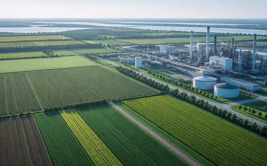 Vista aérea de campos agrícolas ao lado de planta industrial